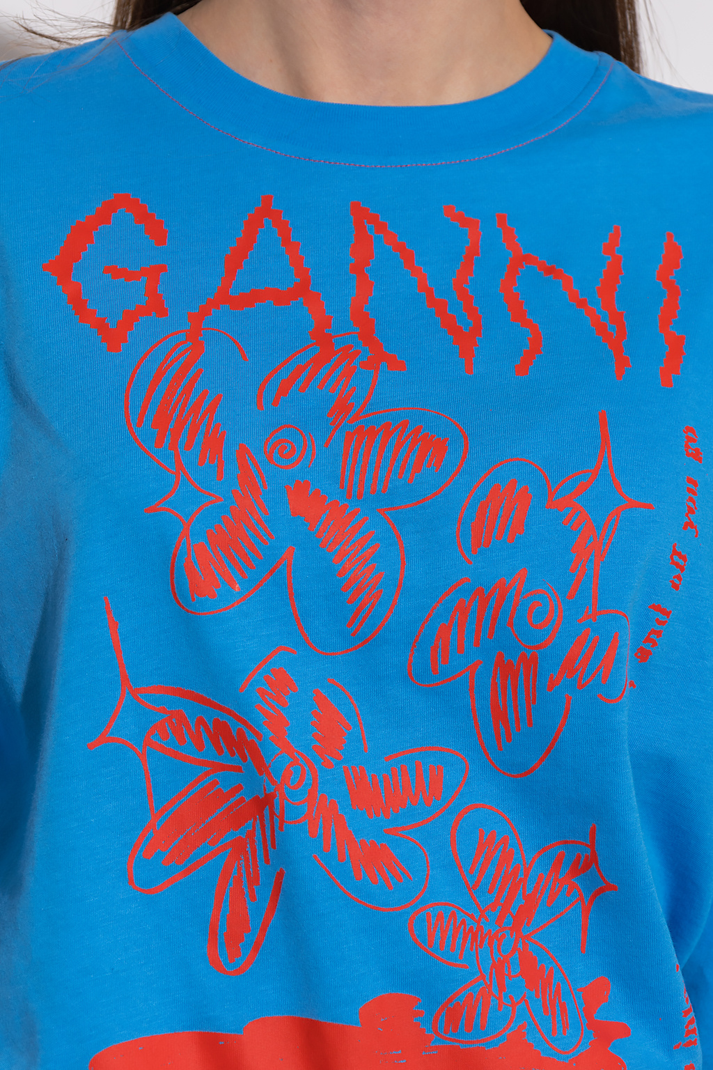 【関税＆送料込み】Ganni Long-Sleeve Crew-Neck T-Shirt With Ganni Printed Mesh Long Sleeve Crew Neck Blouse - Denim Blue